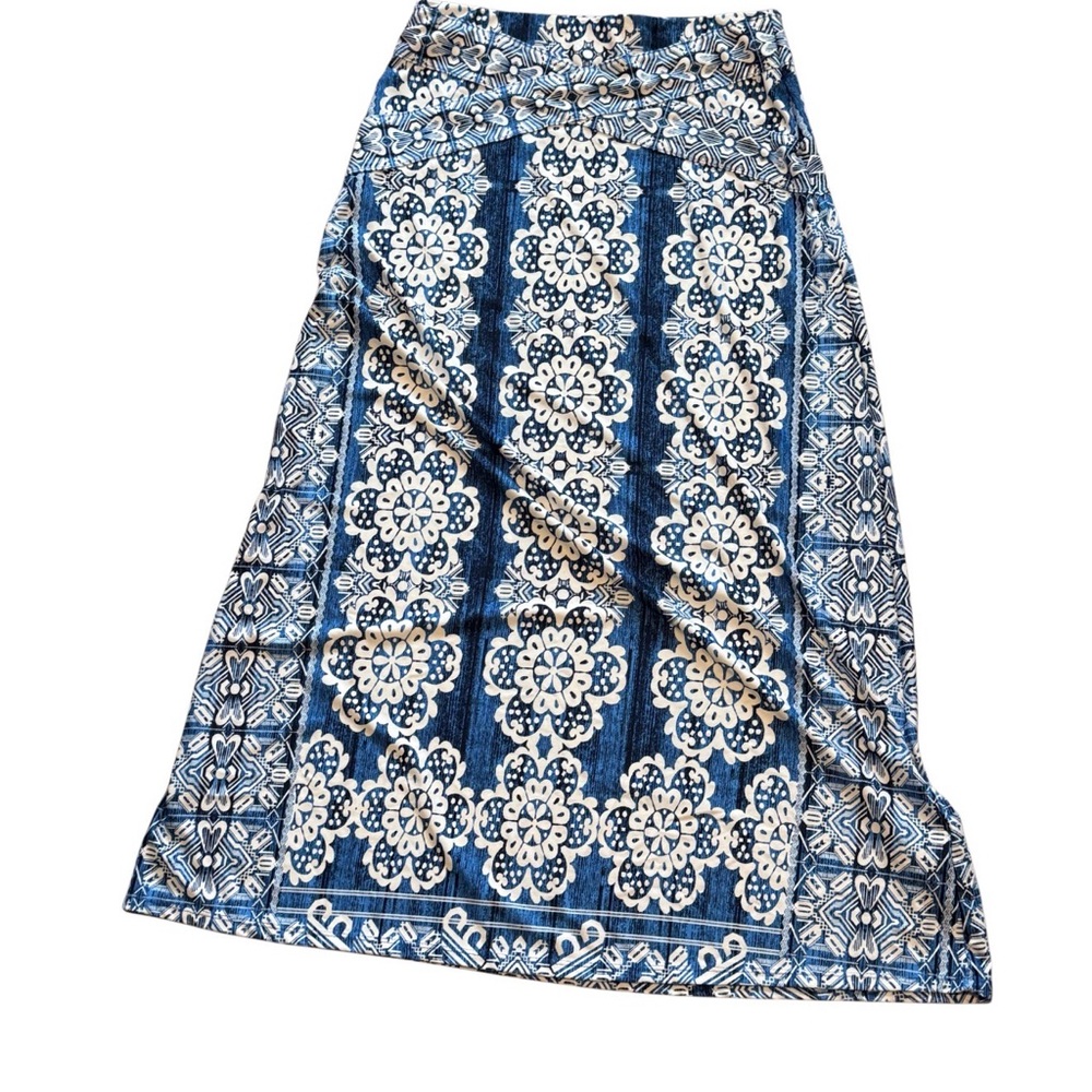 Blue White Printed Midi Skirt Women Medium Boho A-Line Stretch Cotton - Picture 2 of 3